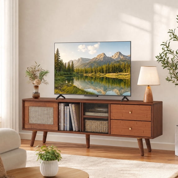 TV Stand for TV up to 65 Inch with Adjustable Shelf & Rattan Doors, Entertainment Center Media Console,Brown