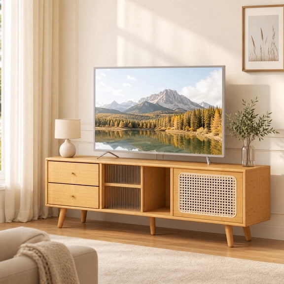 TV Stand for TV up to 65 Inch with Adjustable Shelf & Rattan Doors, Entertainment Center Media Console,Natural