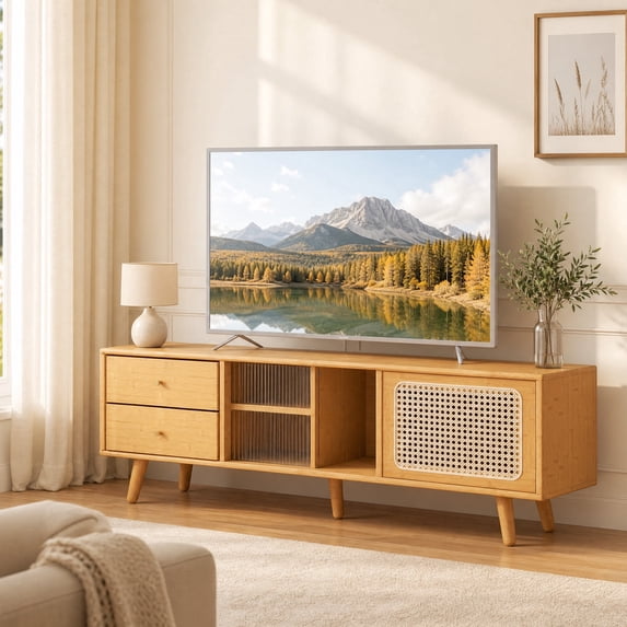 TV Stand for TV up to 65 Inch with Adjustable Shelf & Rattan Doors, Entertainment Center Media Console,Natural