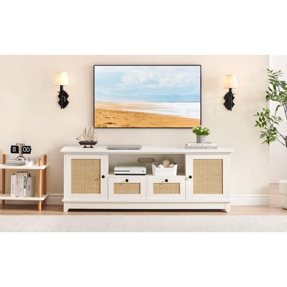 TV Stand for TVs 65"+,Rattan Entertainment Center TV Media Console Table with Storage and Mesh Doors White