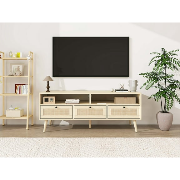 TV Stand for TVs Up to 55 Inch, ONE PIX Entertainment Center with with Solid Wood Feet, TV Console Table for Living Room, Bedroom