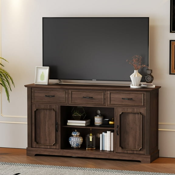 CBJCBJ 60.23" Farmhouse TV Console , 33" Tall Entertainment Center | Up to 65" & Larger TVs | Adjustable Shelf | 3 Drawers & Sliding Barn Doors(BROWN)