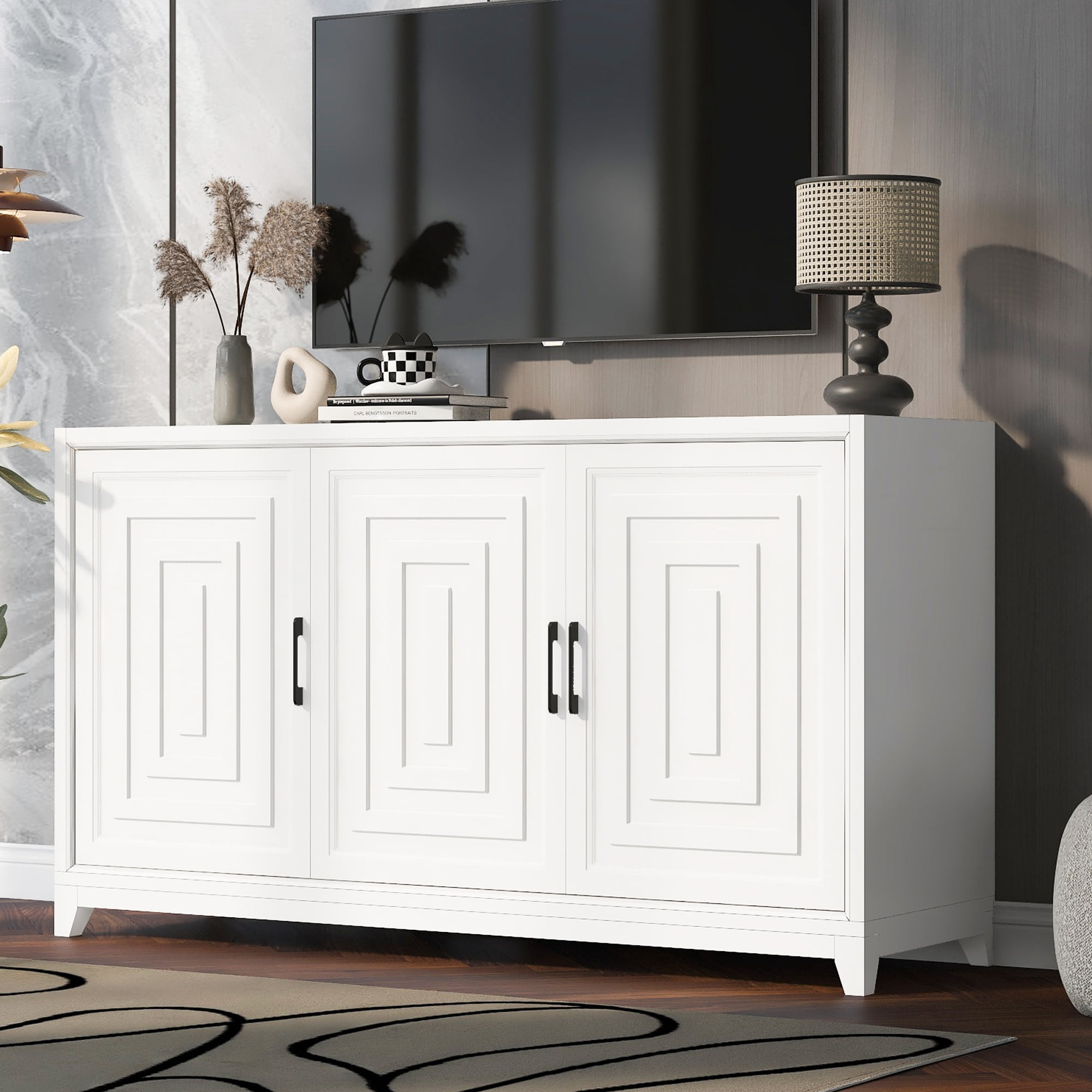 TV Stand for TVs up to 65 Inch with Geometric Doors and Adjustable Shelves, Media Console and Entertainment Center with Solid Wood Legs, White