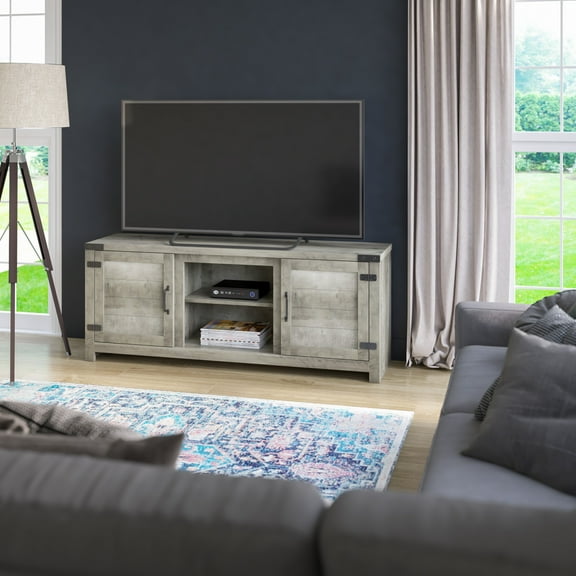 TV Stand for TVs up to 65” with Planked Doors and Nail Head Details, Valley Pine