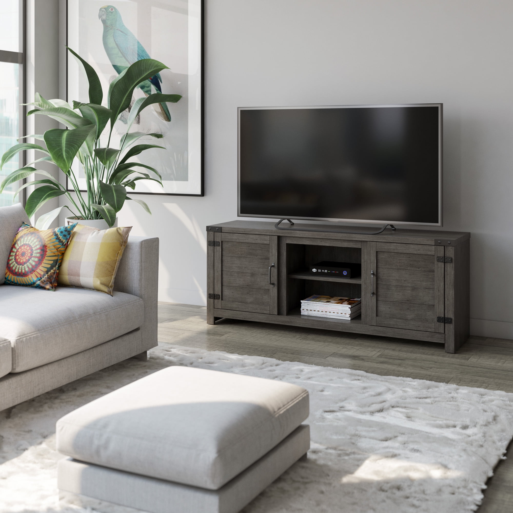 Weathered Gray 60" TV Stand with Planked Doors and Nail Head Details