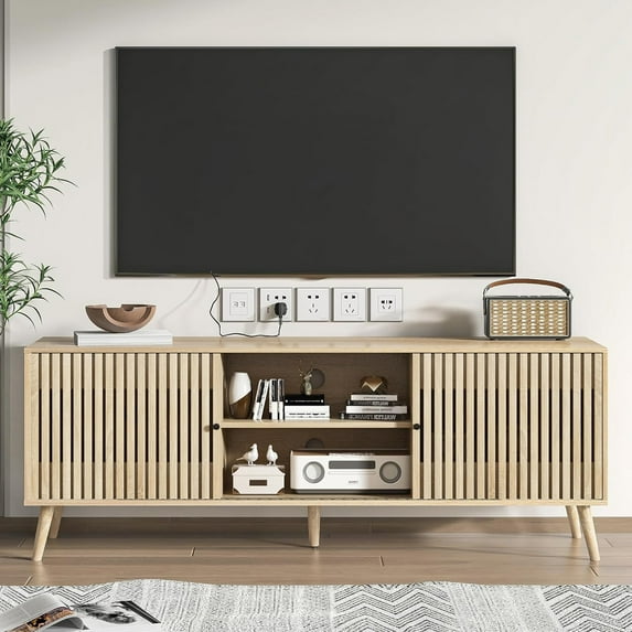 TV Stand for TVs up to 70", Entertainment Center with Sliding Doors, Wood Media Console Cabinets for Living Room, Oak