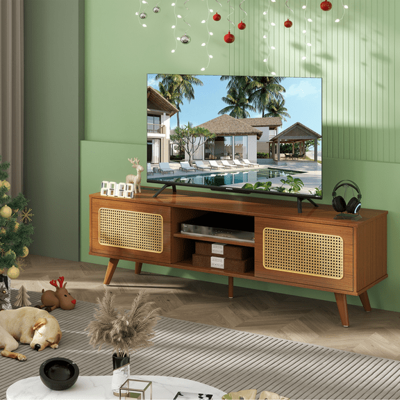 TV Stand for TVs up to 70'', Entertainment Center with Sliding Rattan Door, Shelves & 2 Cabinets, Long Boho Media TV Console for Living Room, Walnut