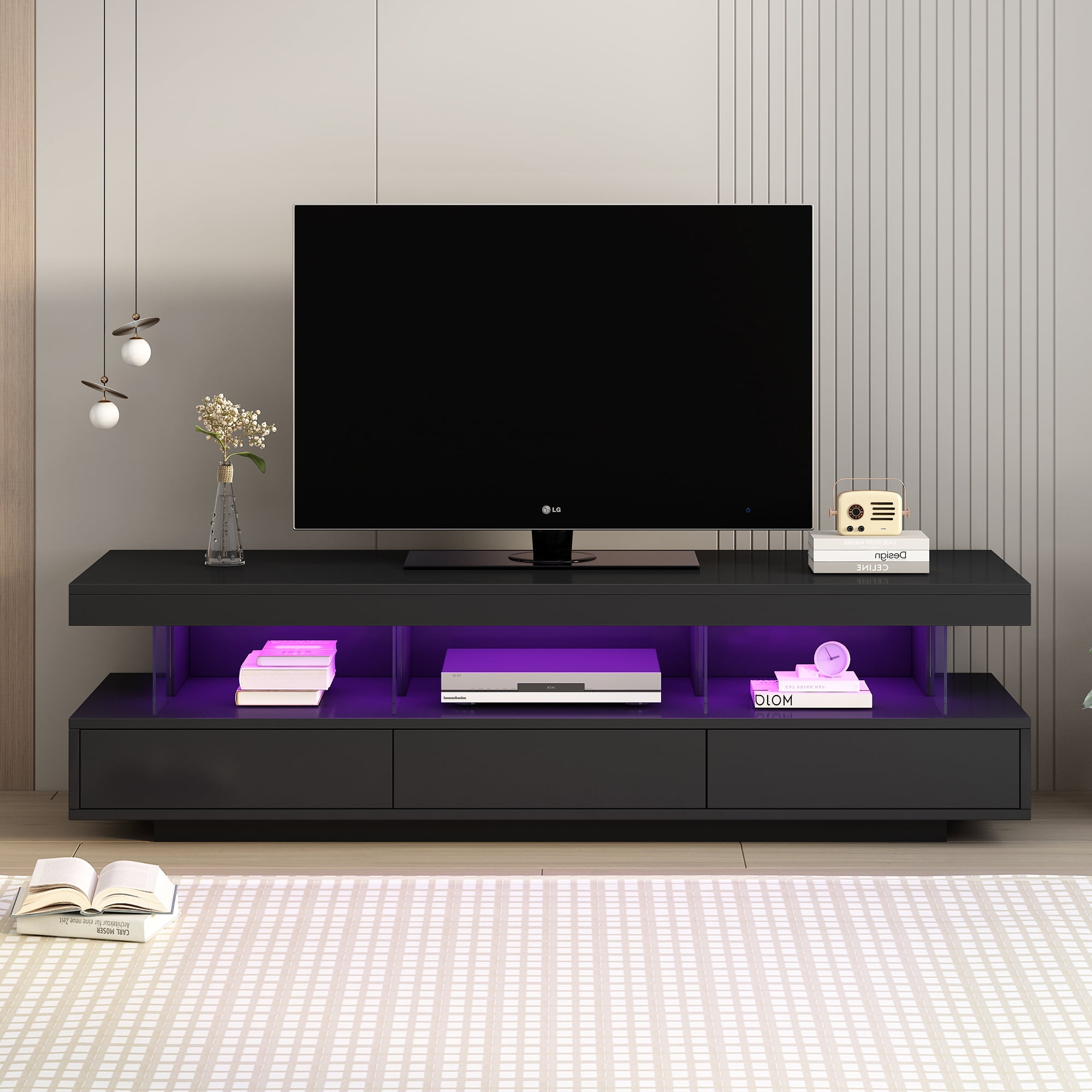 TV Stand for TVs up to 70" with LED Lights Entertainment Center Shelves