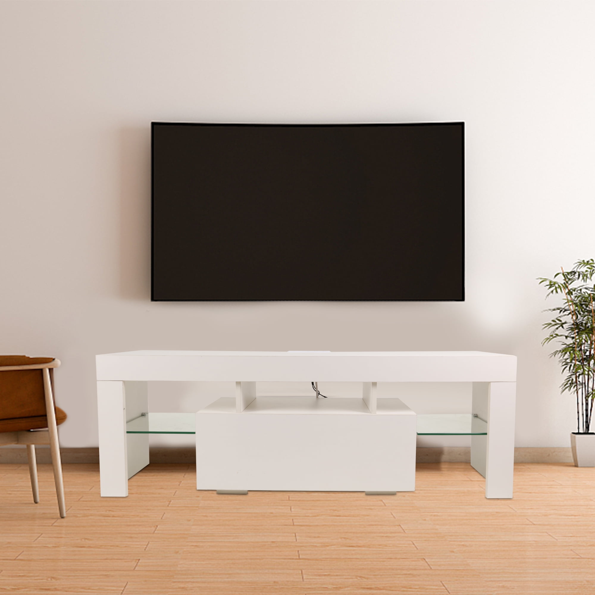 TV Stand for TVs up to 70" with Open Glass Shelves, LED Light