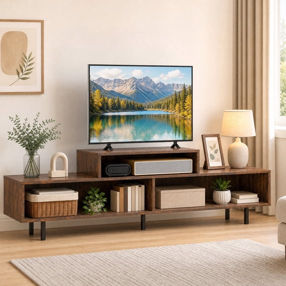 TV Stand for TVs up to 70" with Open Storage Compartments,Entertainment Center Media Console for Living Room, Bedroom,Rustic Brown