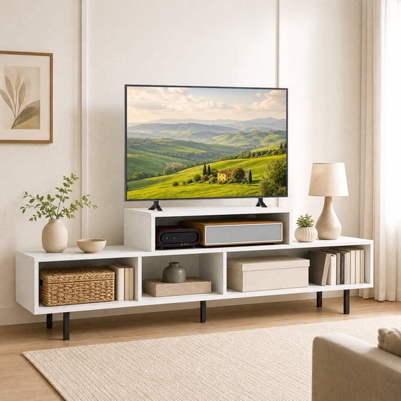 TV Stand for TVs up to 70" with Open Storage Compartments,Entertainment Center Media Console for Living Room, Bedroom,White