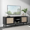thumbnail image 1 of TV Stand for TVs up to 75'', Boho TV Console with Rattan Door, Shelves & 2 Cabinets, Entertainment Center for Living Room, Black, 1 of 11