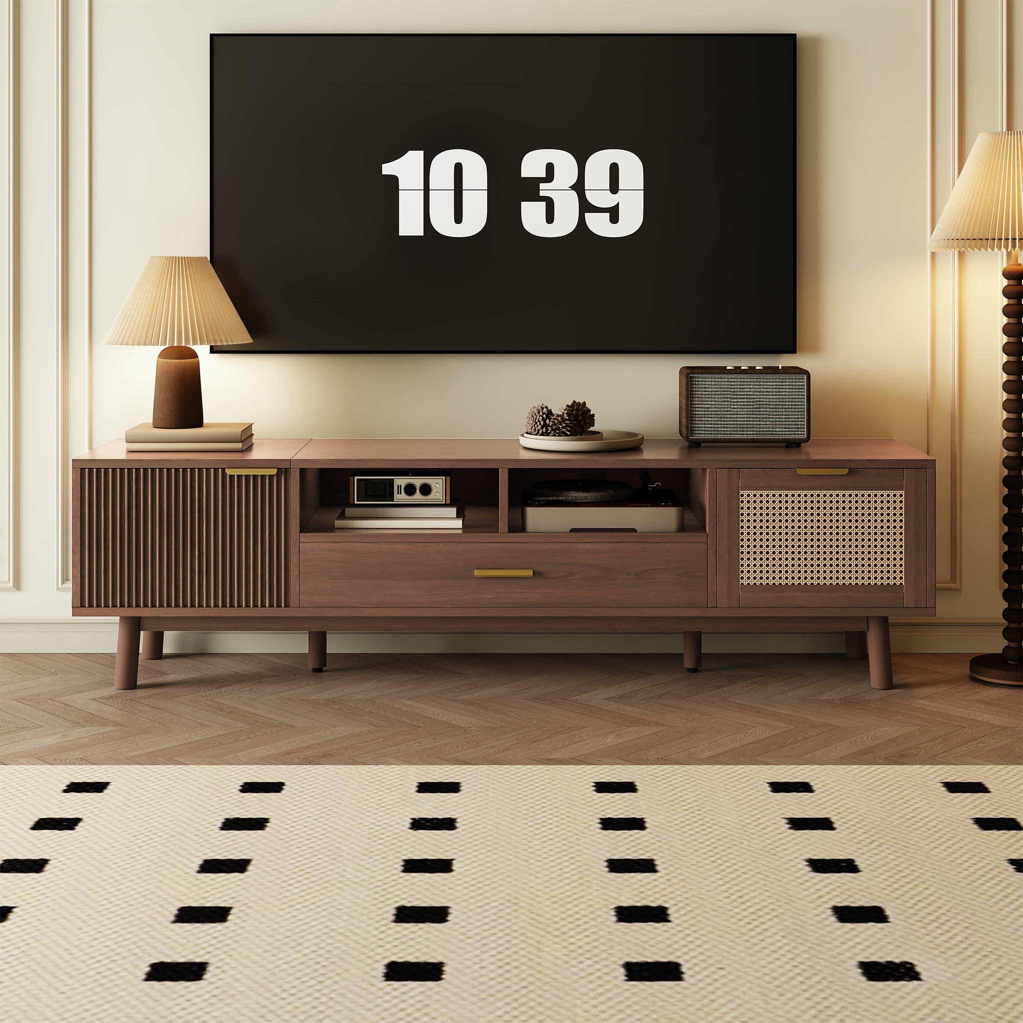 TV Stand for TVs up to 75 Inch, Entertainment Center with Rattan Drawers & Drop-Down Cabinet, Media Console with Solid Wood Legs for Living Room