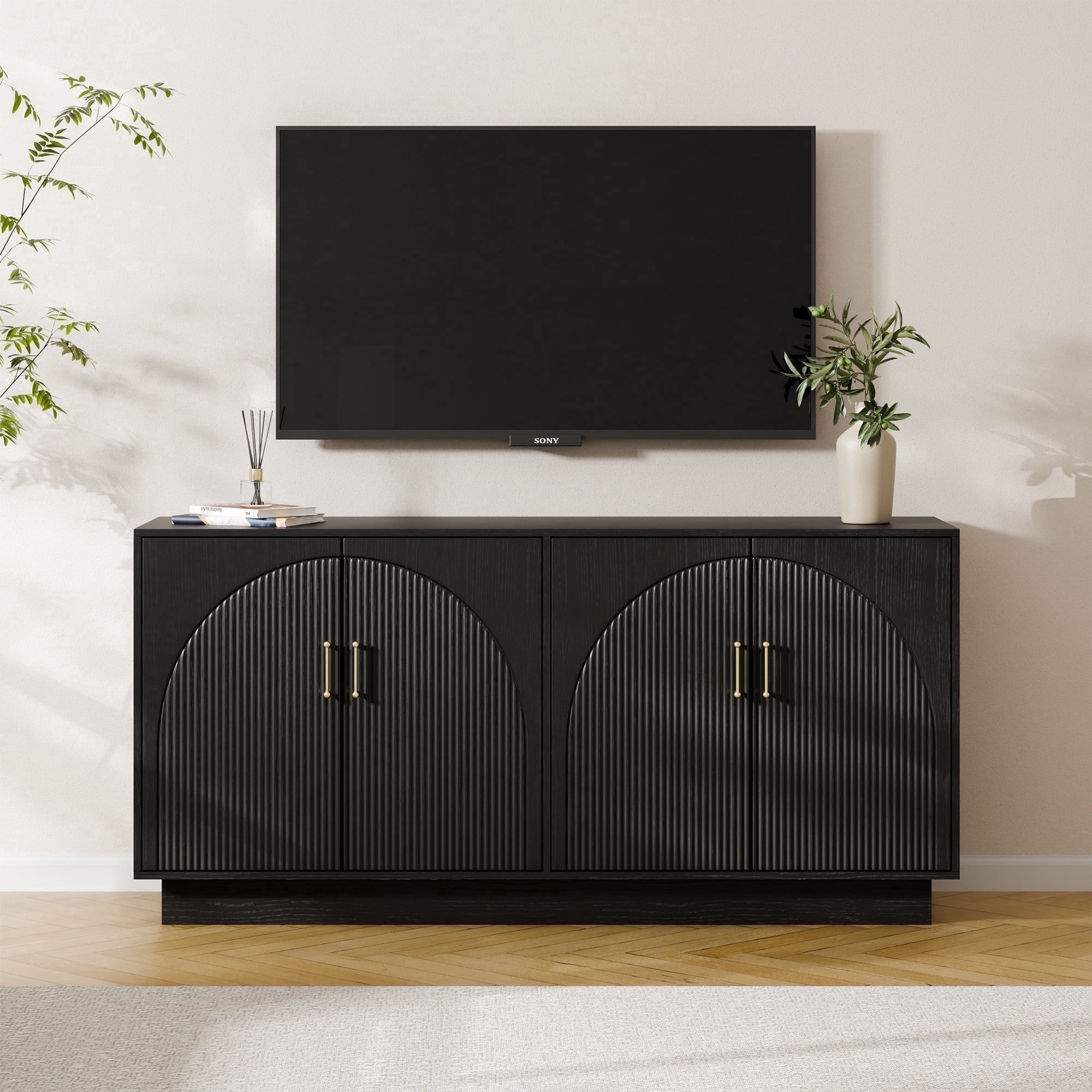 Mid-Century Fluted TV Stand with Storage Fits TVs up to 75", Entryway Console, Sideboard, Ebony Black
