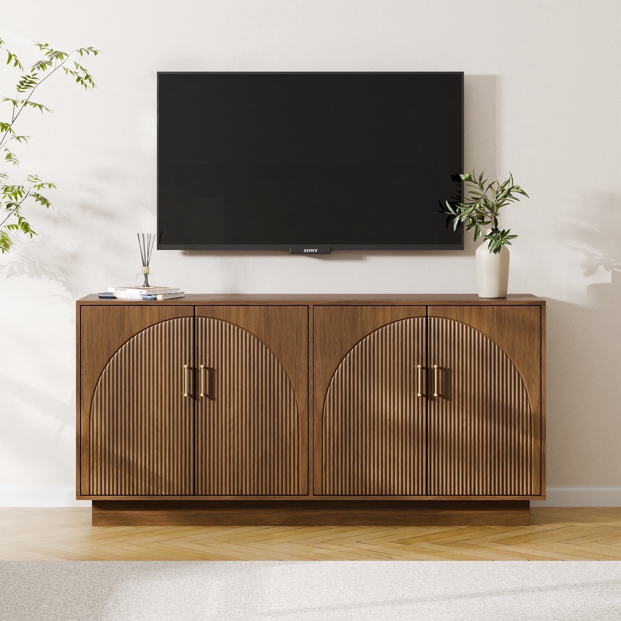Mid-Century Fluted TV Stand with Storage Fits TVs up to 75", Entryway Console, Sideboard, Walnut Brown