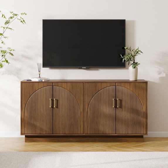 Mid-Century Fluted TV Stand with Storage Fits TVs up to 75", Entryway Console, Sideboard, Walnut Brown