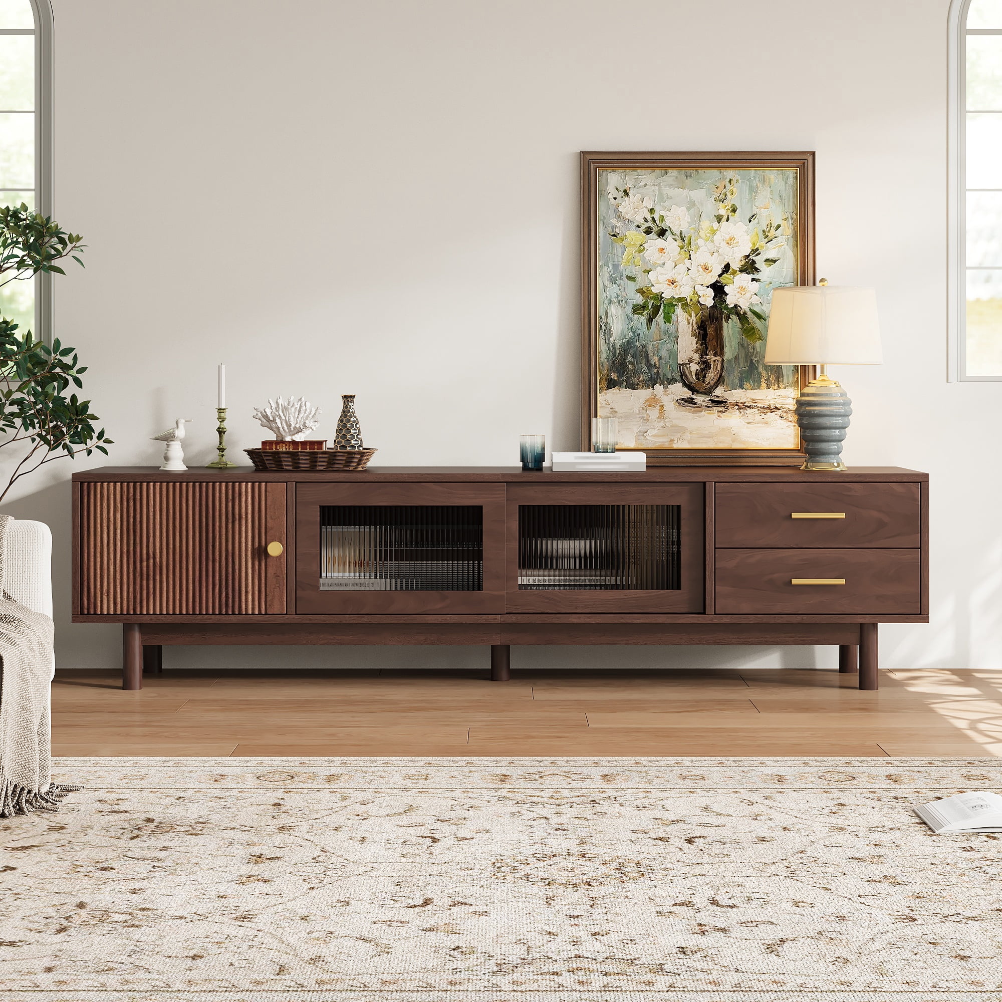TV Stand for TVs up to 80 Inch, Entertainment Center with Glass Sliding Doors & 2 Drawers, Mid-Century Modern Media Console for Living Room