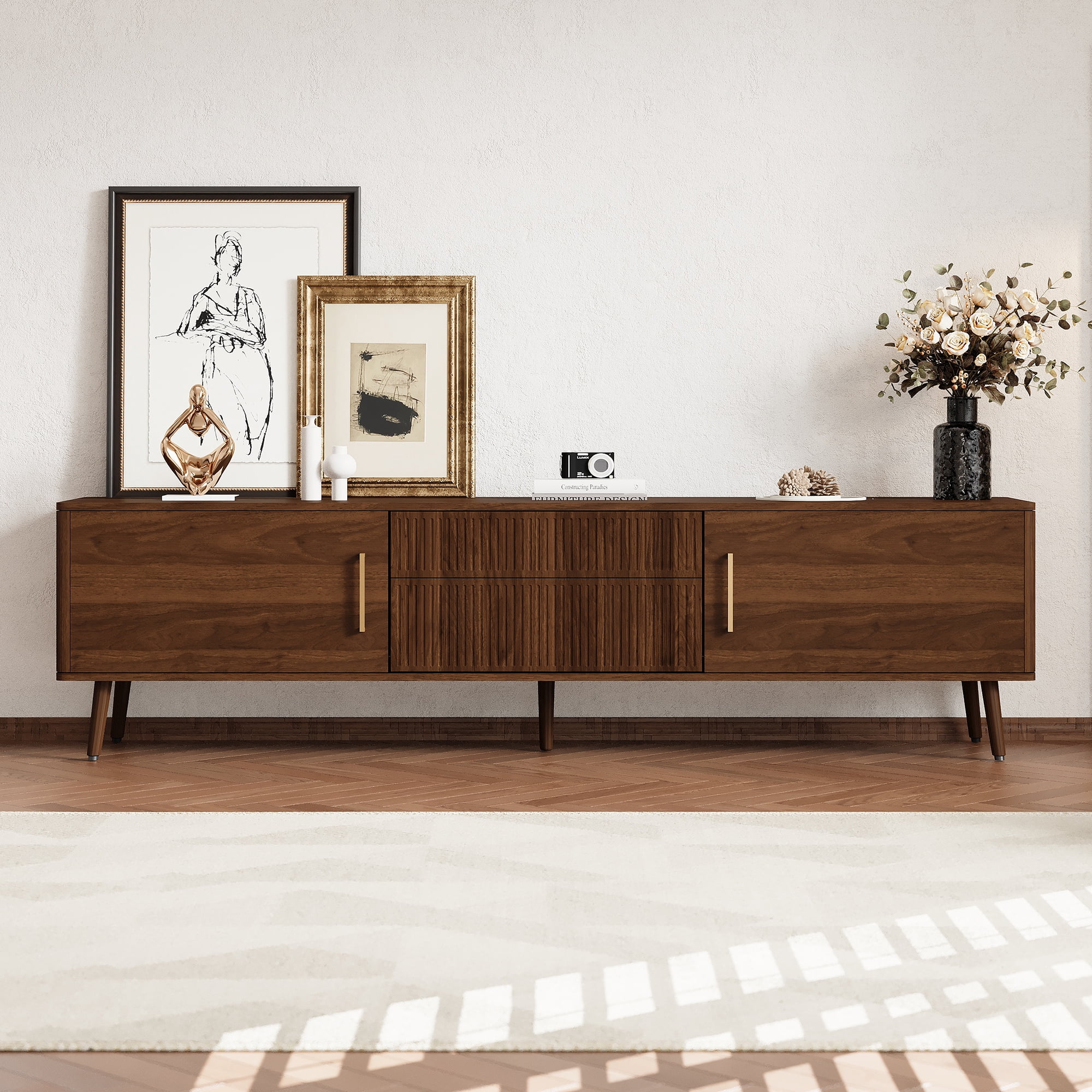 TV Stand for TVs up to 80 Inch, Mid-Century Modern Entertainment Center with 2 Drawers & 2 Cabinets, Media Console for Living Room