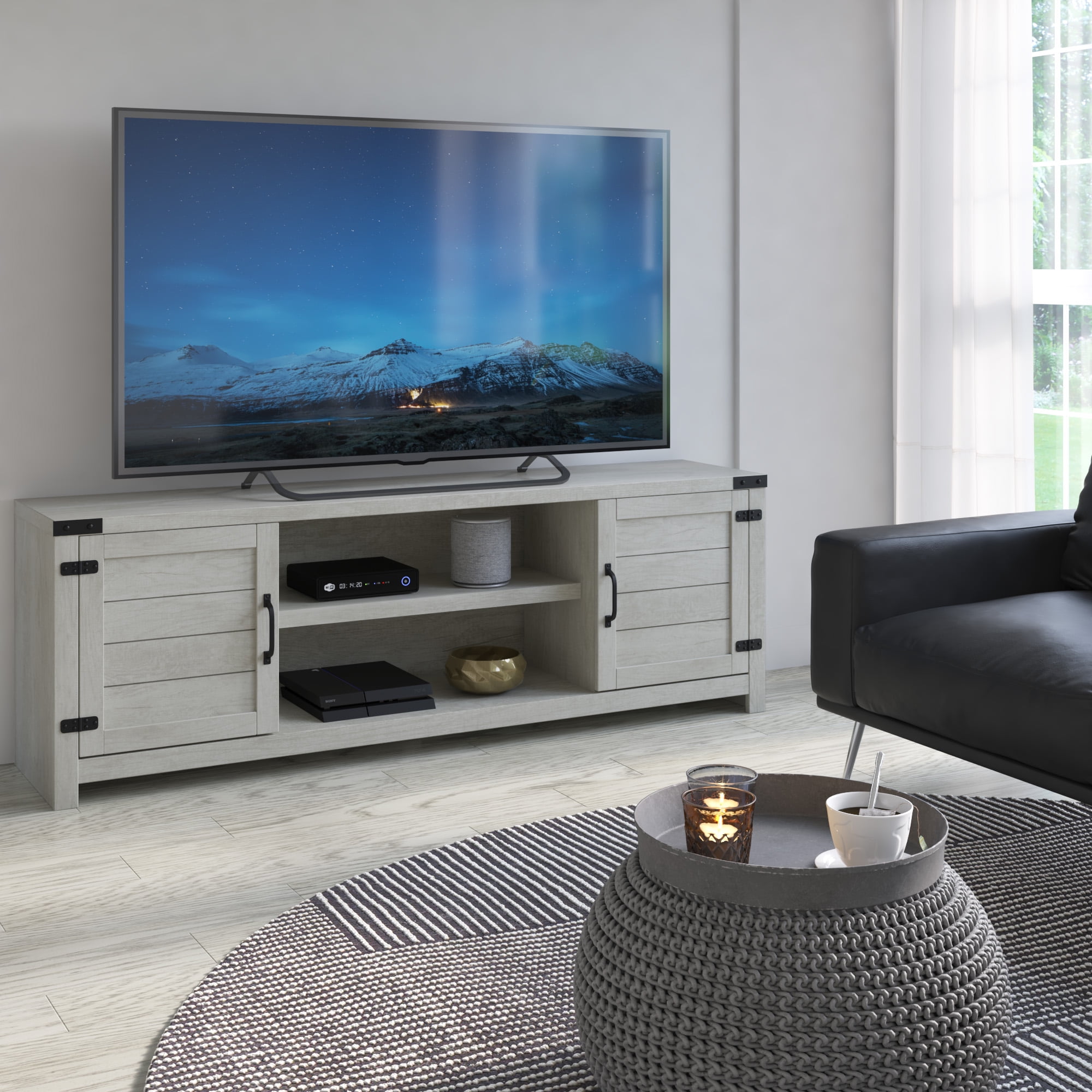 Gray Oak 70" TV Stand with Cabinets and Adjustable Shelves