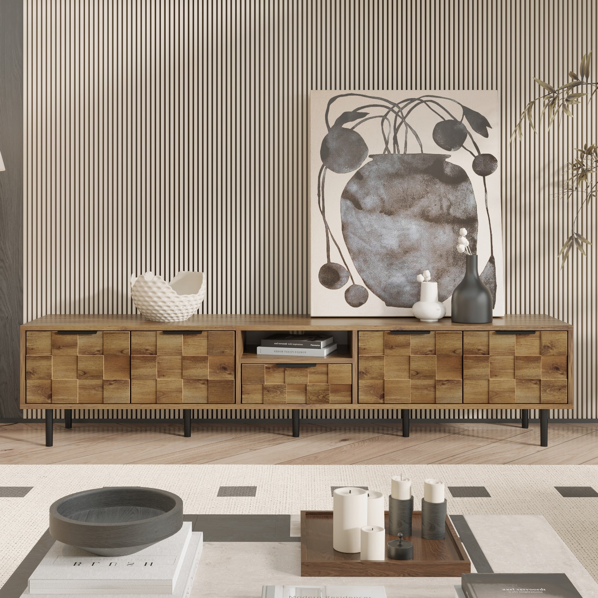 TV Stand for TVs up to 85 Inch, Entertainment Center with Checkered Doors & 1 Drawer, Media Console for Living Room