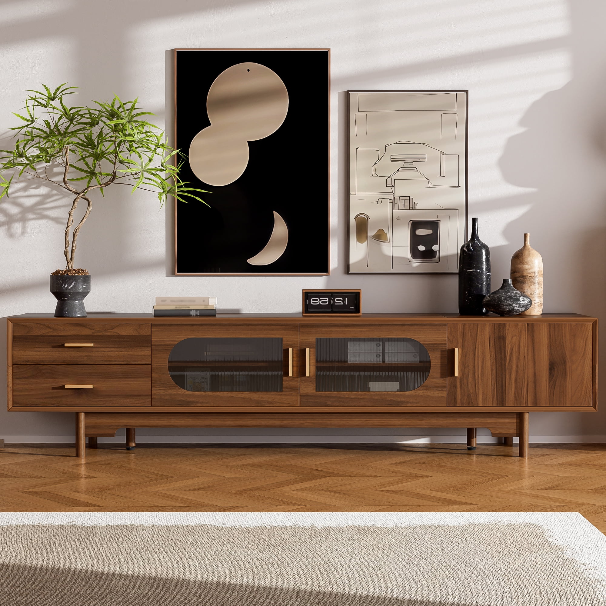 TV Stand for TVs up to 85 Inch, Entertainment Center with Fluted Glass Doors & 2 Drawers, Media Console with Solid Wood Legs for Living Room