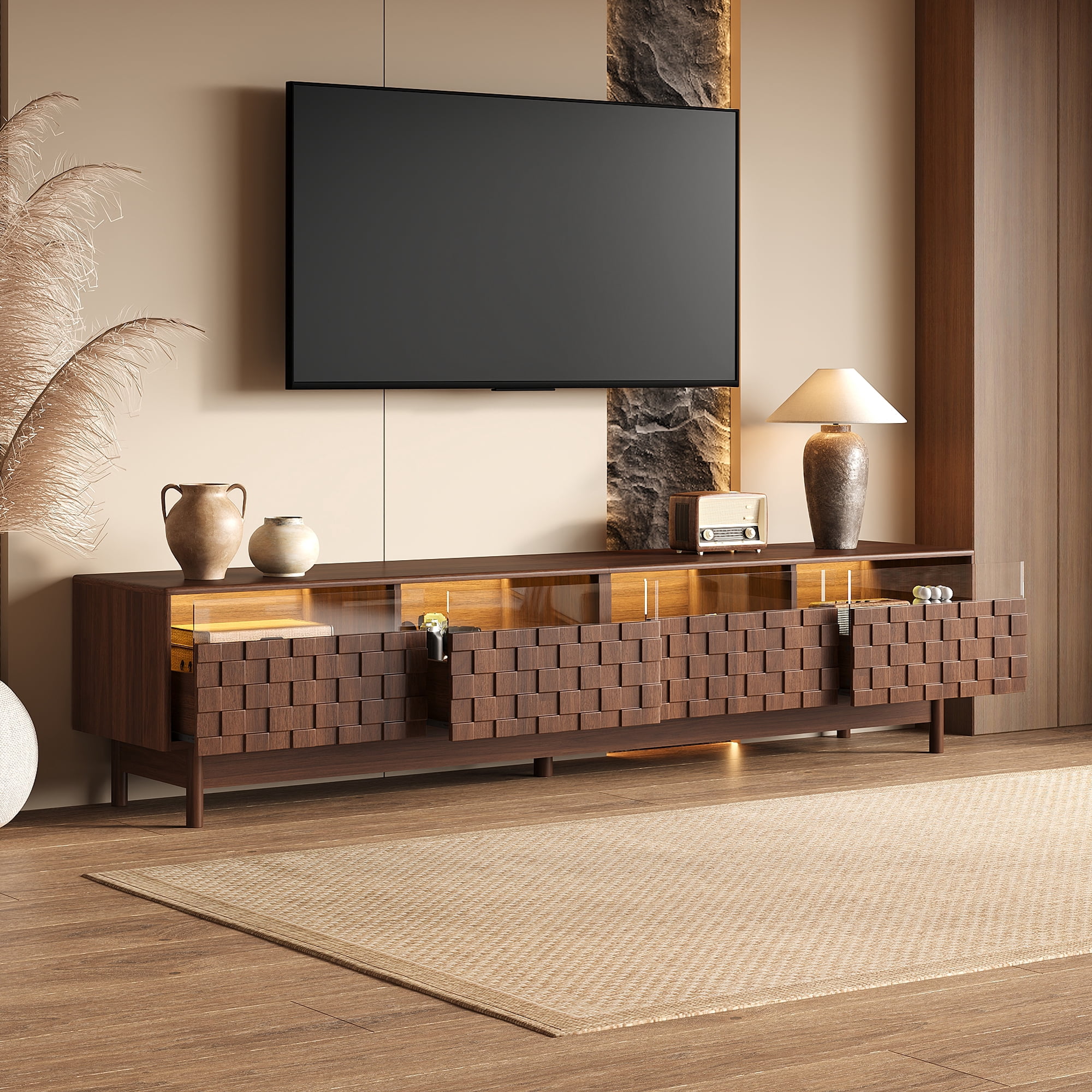 TV Stand for TVs up to 85 Inch, Entertainment Center with LED Lights & Glass Drawers, Media Console with Solid Wood Legs for Living Room