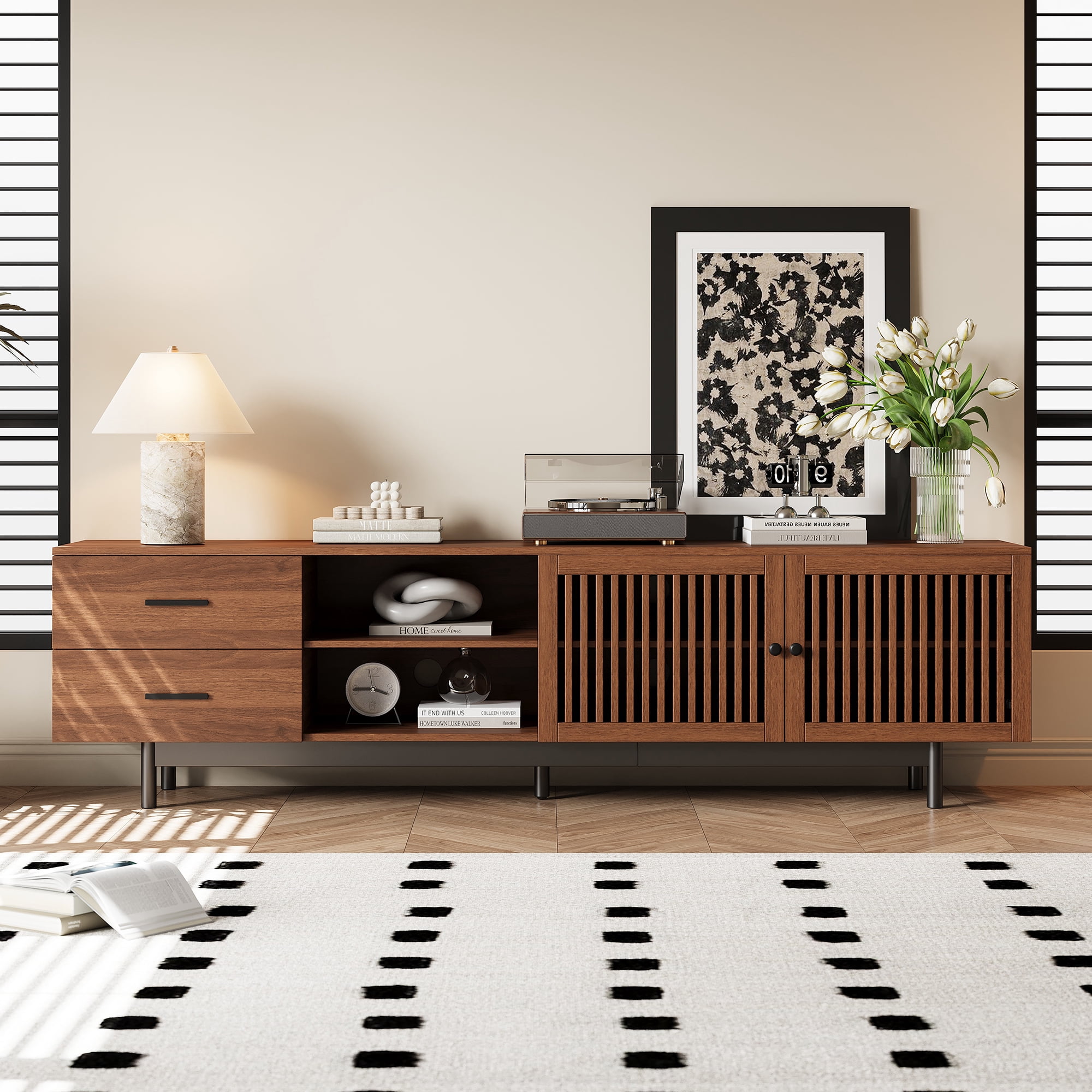 TV Stand for TVs up to 85 Inch, Entertainment Center with Slatted Doors & 2 Deep Drawers, Media Console with Solid Wood Legs for Living Room