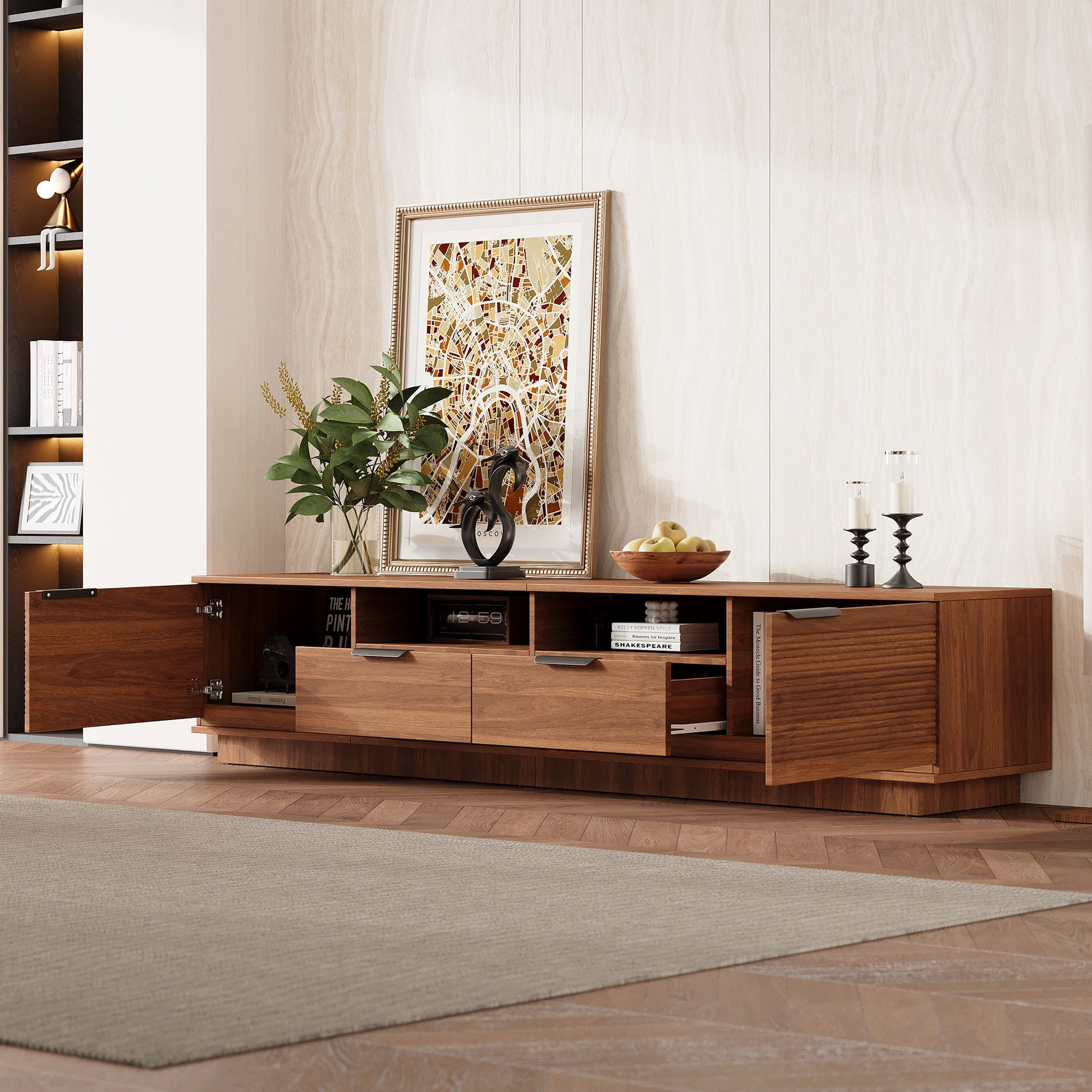 TV Stand for TVs up to 85 Inch, Entertainment Center with Wave-Pattern Doors & 2 Deep Drawers, Media Console with Soft-Close Hinges for Living Room