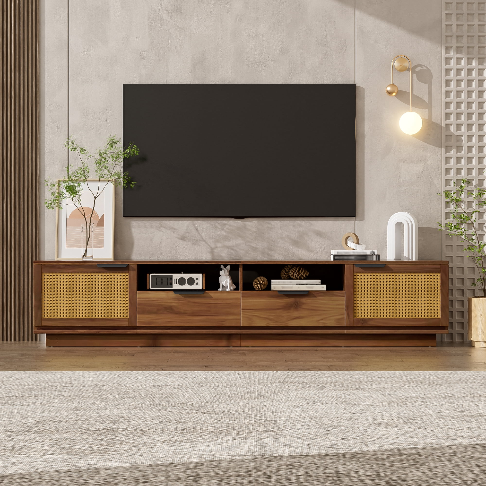 TV Stand for TVs up to 85 Inch, Rattan Media Console with 2 Drawers & Open Shelves, Entertainment Center with Storage Cabinets for Living Room