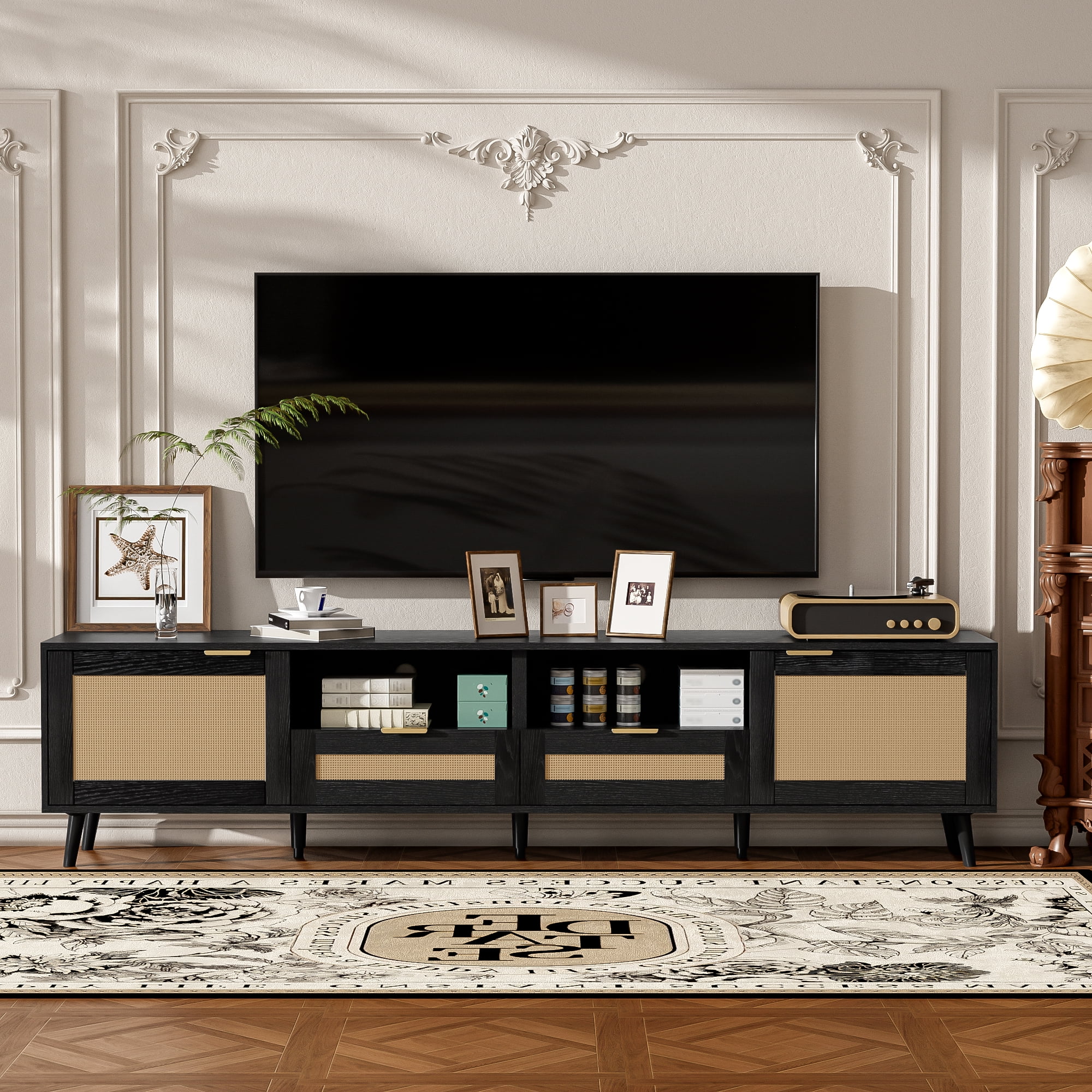 TV Stand for TVs up to 85 Inch, Rattan Media Console with Storage Cabinets & Open Shelves, Entertainment Center with Solid Wood Legs for Living Room