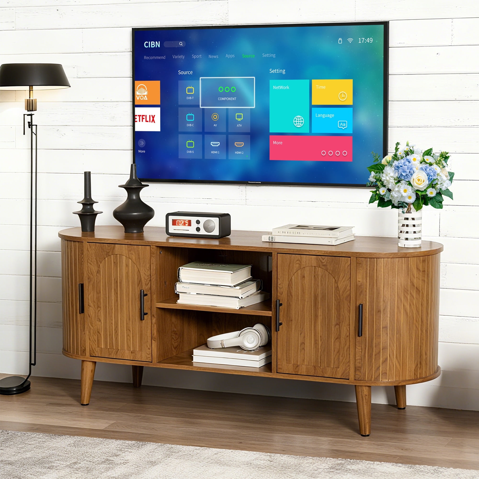 TV Stand for for TVs up to 60 Inch, 51" TV Console with Fluted Doors, Modern Mid Century Entertainment Center for Living Room Bedroom, Walnut