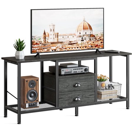TV Stand with 2 Fabric Drawers, 43 Inch Entertainment Center with Open Storage Shelves, Media Console Table for Bedroom, Living Room, Light Black Oak