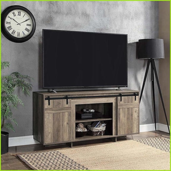 TV Stand with 2 Sliding Barn Doors – Grey Washed Farmhouse, Fits 60-Inch TV | Grey | Farmhouse