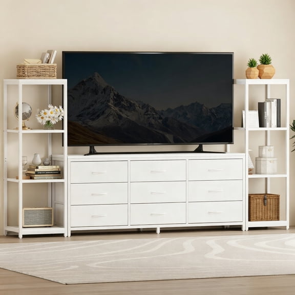 TV Stand with 9 Fabric Drawers Dresser & 2 FourTier Open Shelves, Media Console Fits TVs up to 75 Inch, Storage Unit for Living Room, Bedroom, White