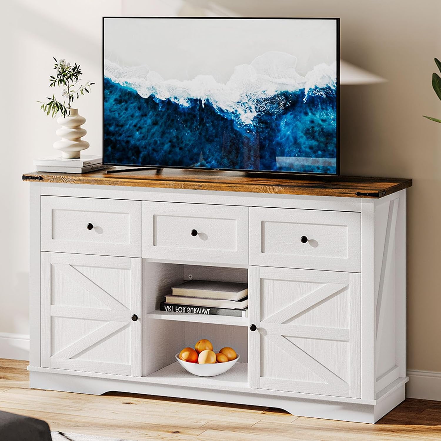 TV Stand with Barn Doors Media Entertainment Center with TV Console for