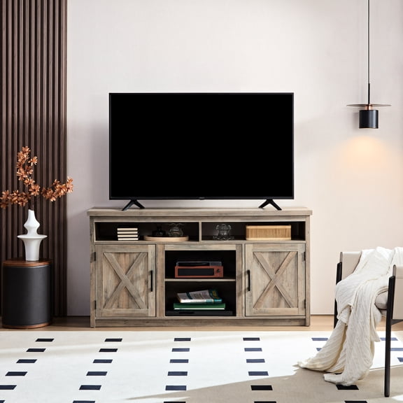 TV Stand with Cable Cutouts, Gray Finish / Long - term Satisfaction