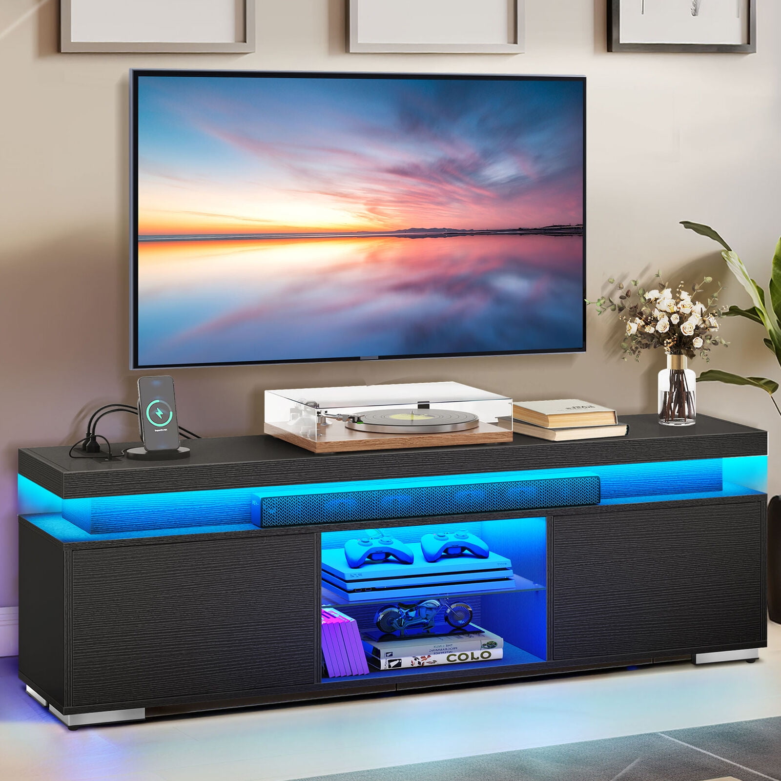 TV Stand with Charging Station & LED Lights For 55/60/65 in