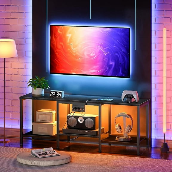 TV Stand with Charging Station to 55 Inches, LED Entertainment Center, Media TV Console Table with Open Storage Shelving for Living Room, Bedroom
