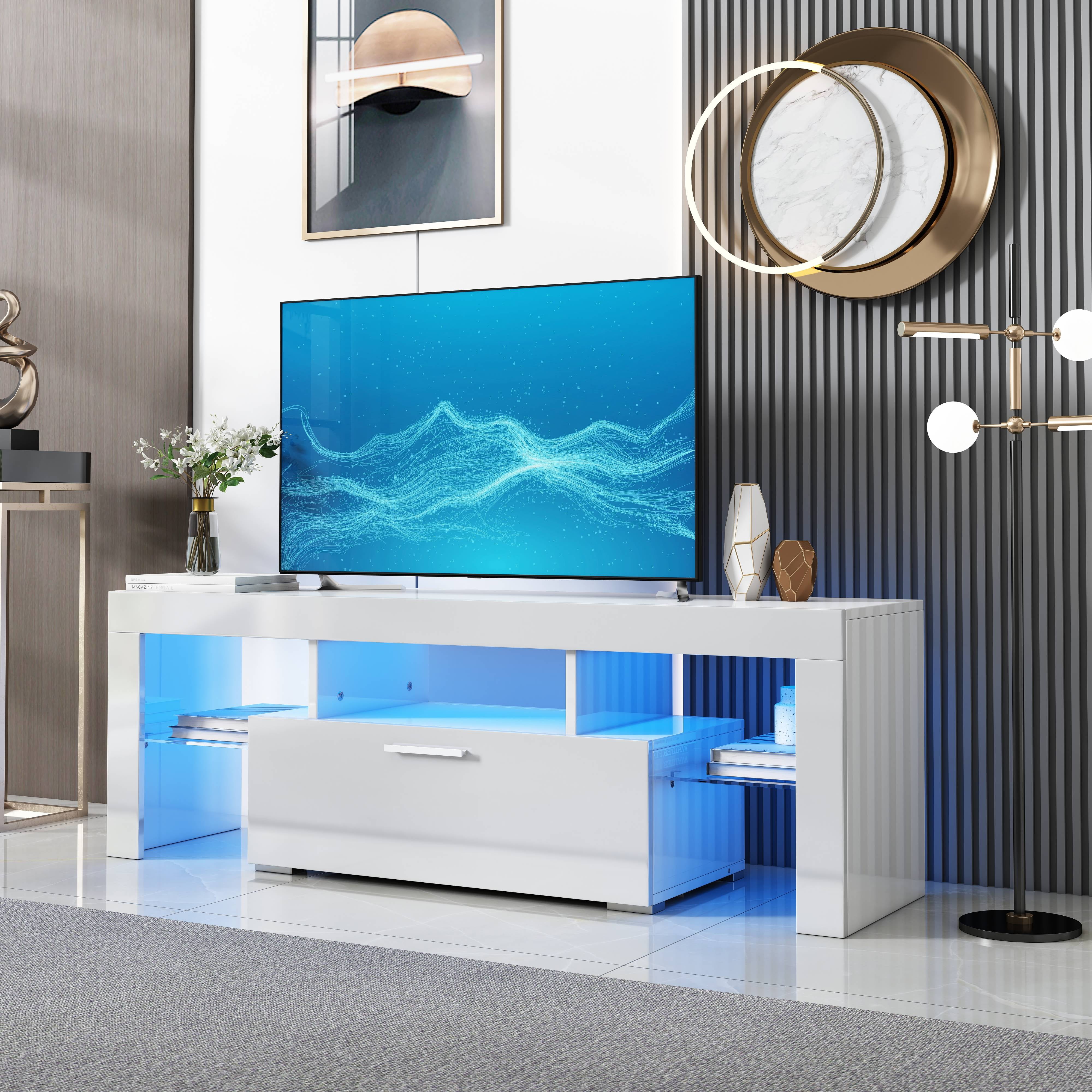 TV Stand with Drawer, White TV Console Table with LED, TV