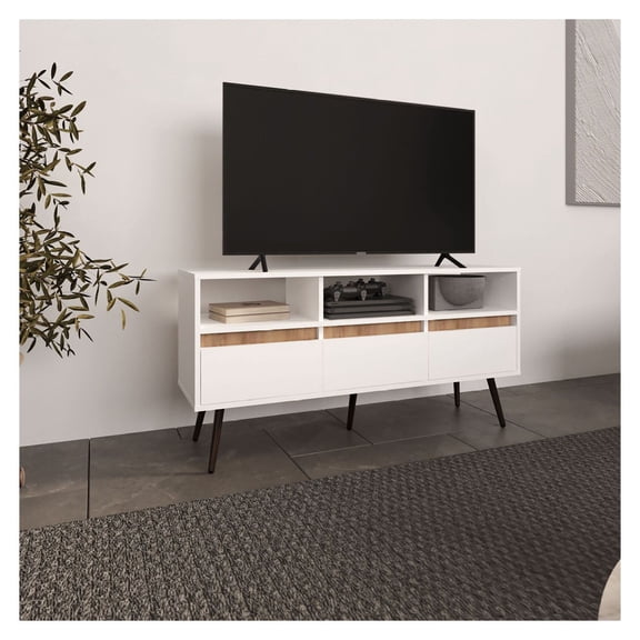 TV Stand with Drawers & Shelves - 3 Drawers, 3 Shelves, White/Oak Finish - Entertainment Center for Living Room, Media Console for TVs up to 55 inch