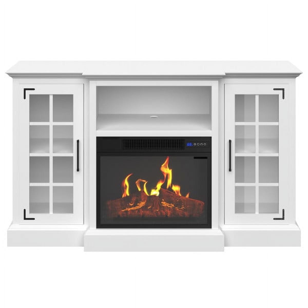 White 65-Inch TV Stand with Electric Fireplace and Cabinets