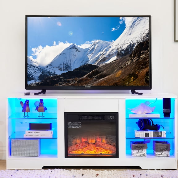TV Stand with Electric Flame | Realistic Fire Effect with Color Change | MDF + Glass Build | Power Outlets on Top