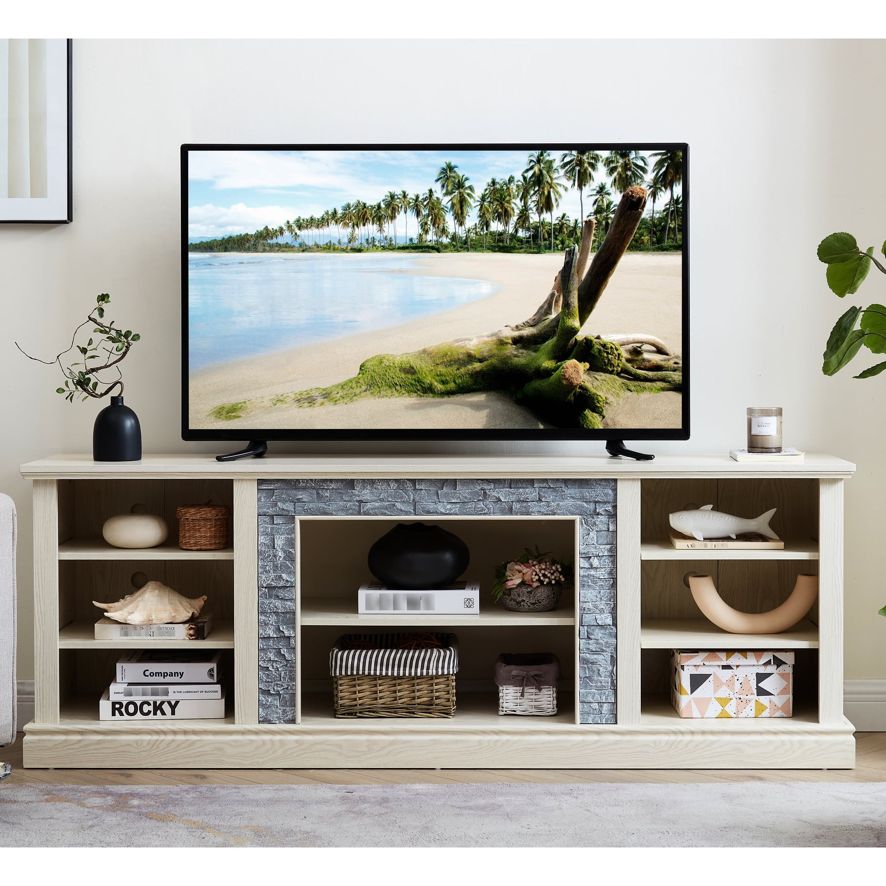 TV Stand with Faux Stone Surround | Storage for Consoles & DVDs | 25.83 ...