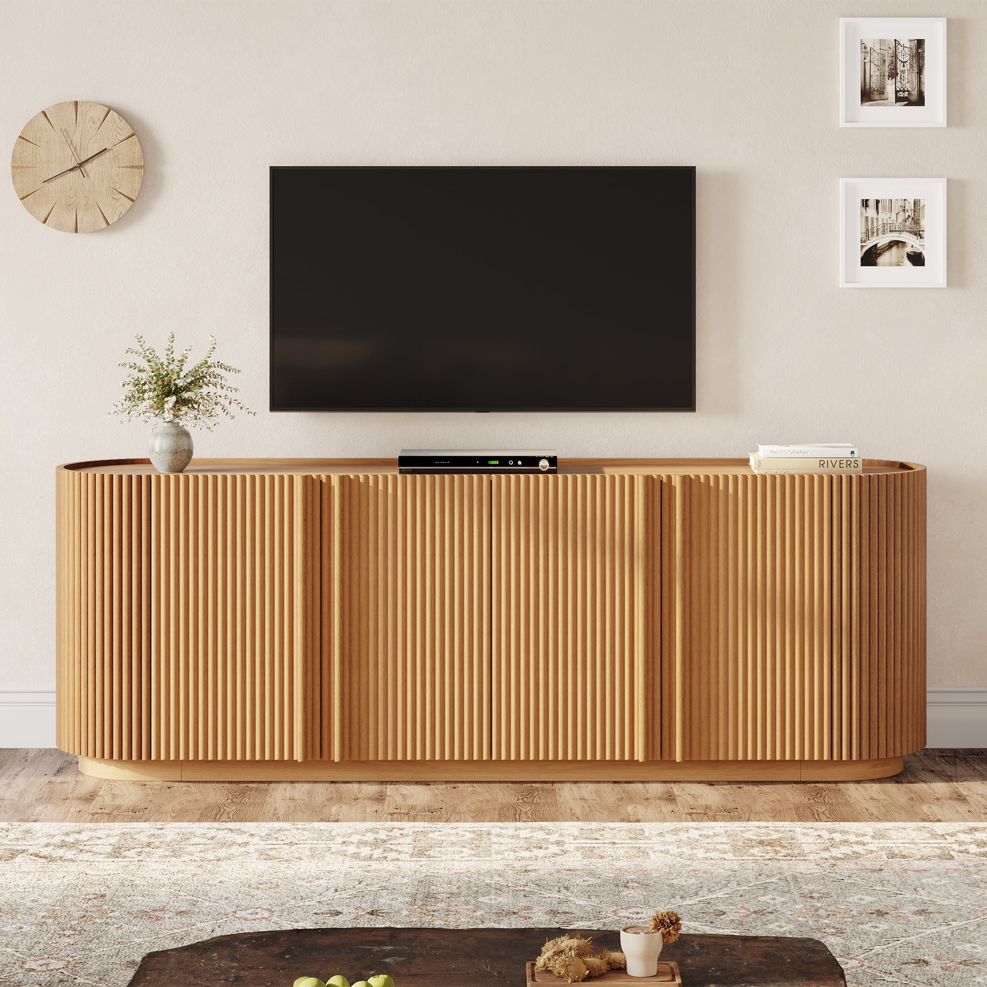 TV Stand with Fluted Tambour-Style Door and Adjustable Shelves, Mid Century Media Console and Entertainment Center for TVs up to 70 Inch, Natural