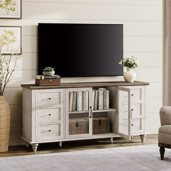 TV Stand with Glass Door for 65 Inch TV, Wooden Television Stands for Living Room, Antique White