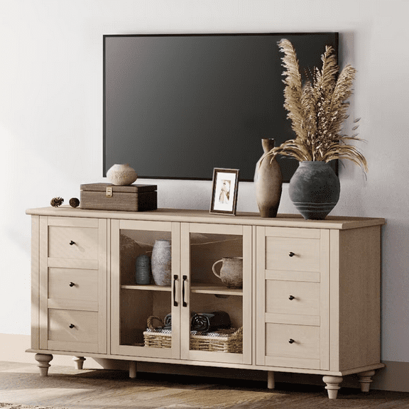 TV Stand with Glass Door for 65 Inch TV, Wooden Television Stands for Living Room, Beige