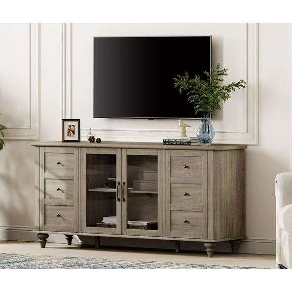 TV Stand with Glass Door for 65 Inch TV, Wooden Television Stands for Living Room, Grey