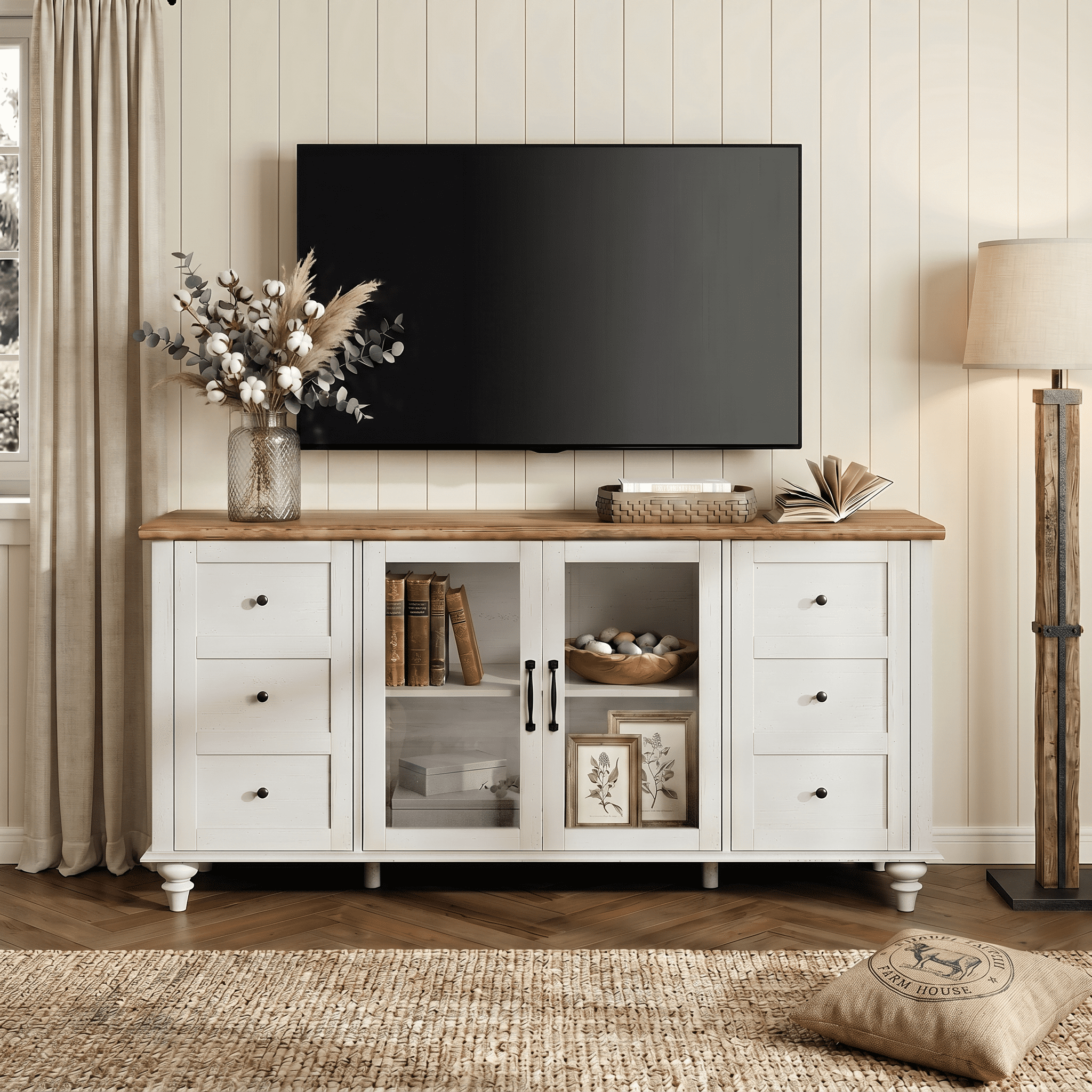 TV Stand with Glass Door for 65 Inch TV, Wooden Television Stands for Living Room, Off White
