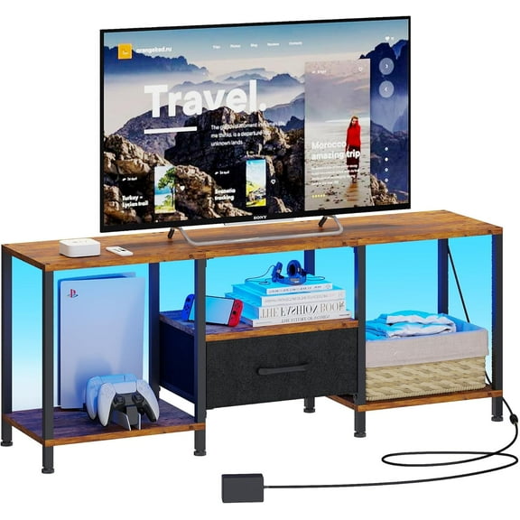 TV Stand with LED Lights, Entertainment Center with Open Shelves and Fabric Drawer, for 55 Inch TV, Rustic Brown