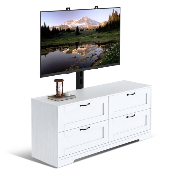 TV Stand with Mount & 4 Drawers, Wooden Entertainment Center for TVs Up to 80 Inch, Adjustable Media Console Table for Living Room Bedroom, White